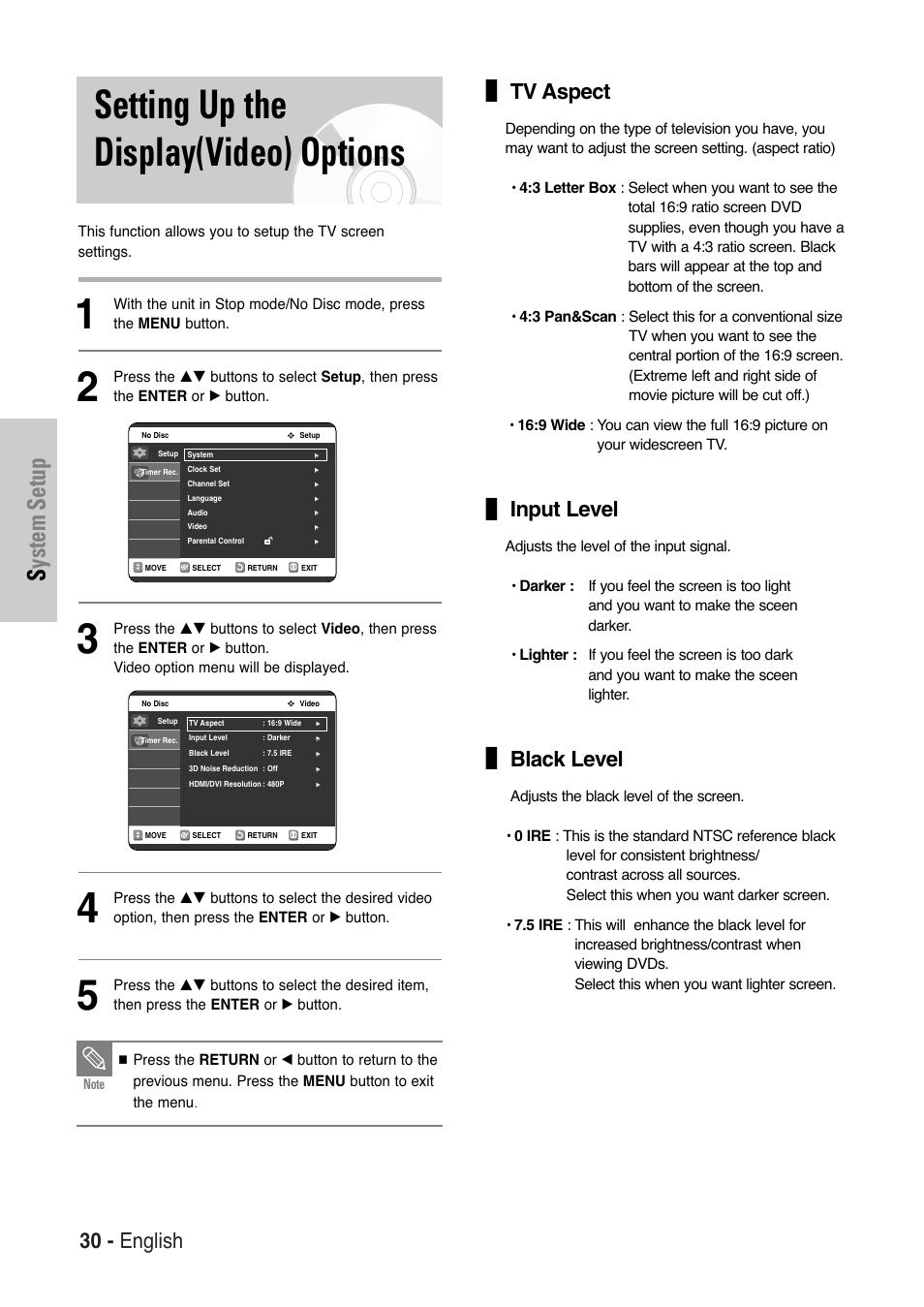 Setting up the display(video) options, System setup, 30 - english | Tv aspect, Input level, Black level | Samsung DVD-VR325-XAA User Manual | Page 30 / 90