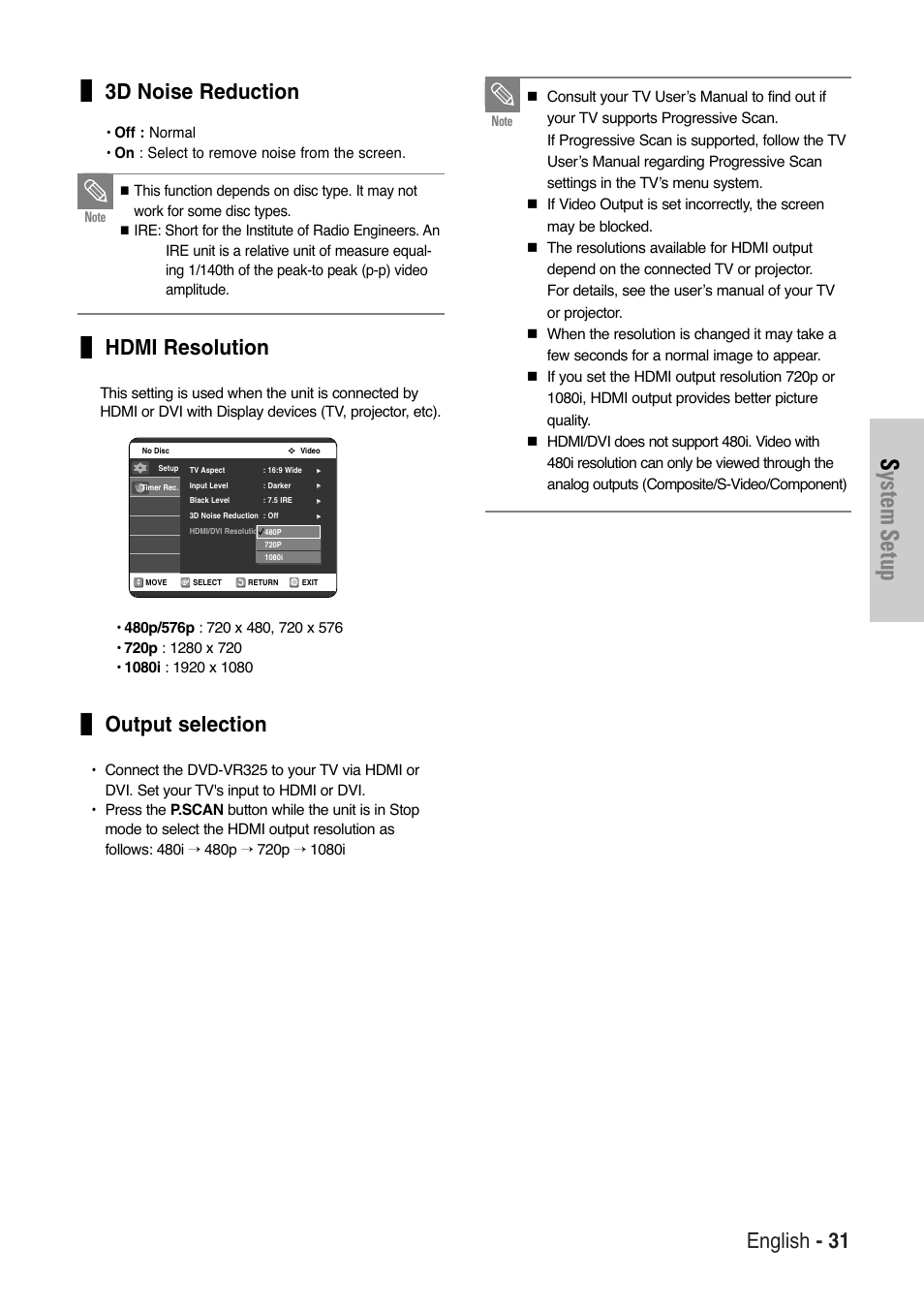 System setup, English - 31, 3d noise reduction | Hdmi resolution, Output selection | Samsung DVD-VR325-XAA User Manual | Page 31 / 90