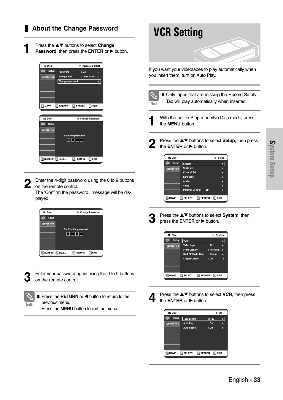 Vcr setting, System setup, English - 33 | About the change password | Samsung DVD-VR325-XAA User Manual | Page 33 / 90