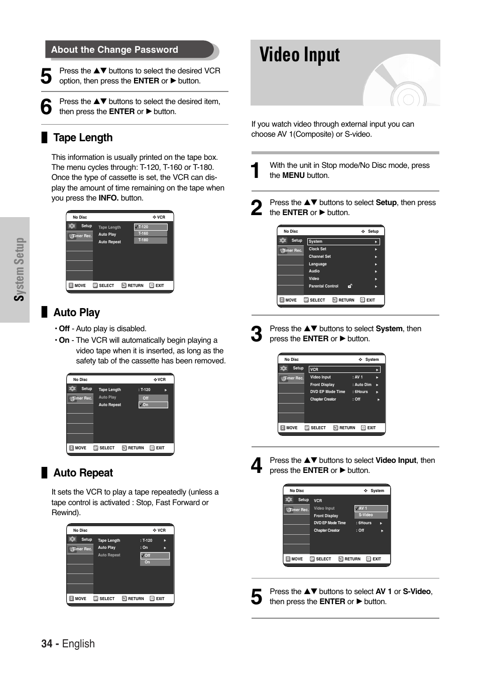 Video input, System setup, 34 - english | Tape length, Auto play, Auto repeat, About the change password | Samsung DVD-VR325-XAA User Manual | Page 34 / 90