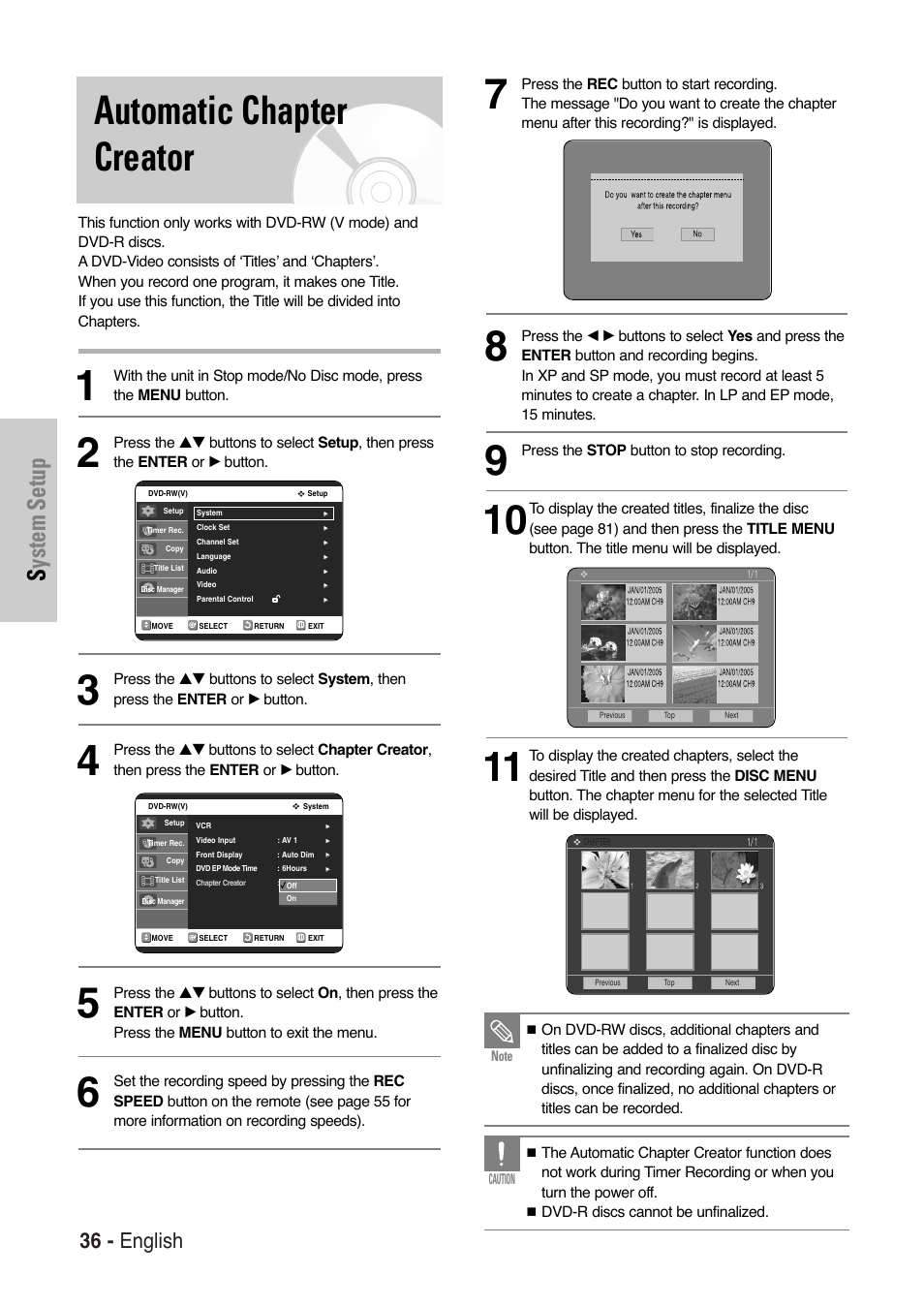 Automatic chapter creator, System setup, 36 - english | Samsung DVD-VR325-XAA User Manual | Page 36 / 90