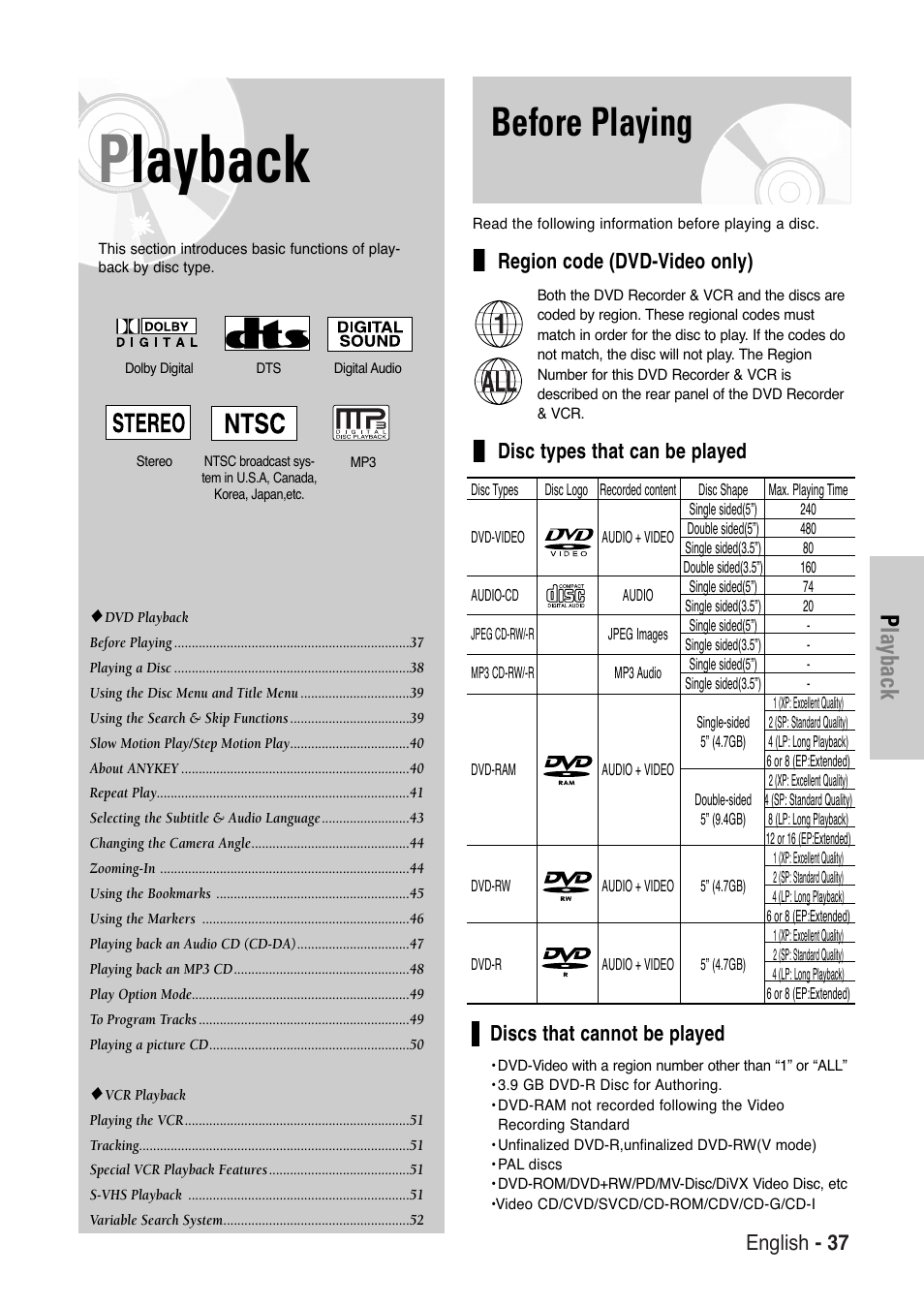 Playback, Before playing, English - 37 | Region code (dvd-video only) | Samsung DVD-VR325-XAA User Manual | Page 37 / 90