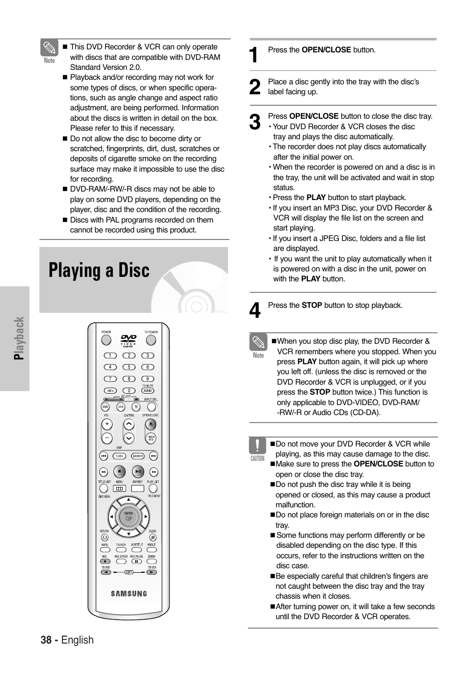 Playing a disc, Playback | Samsung DVD-VR325-XAA User Manual | Page 38 / 90