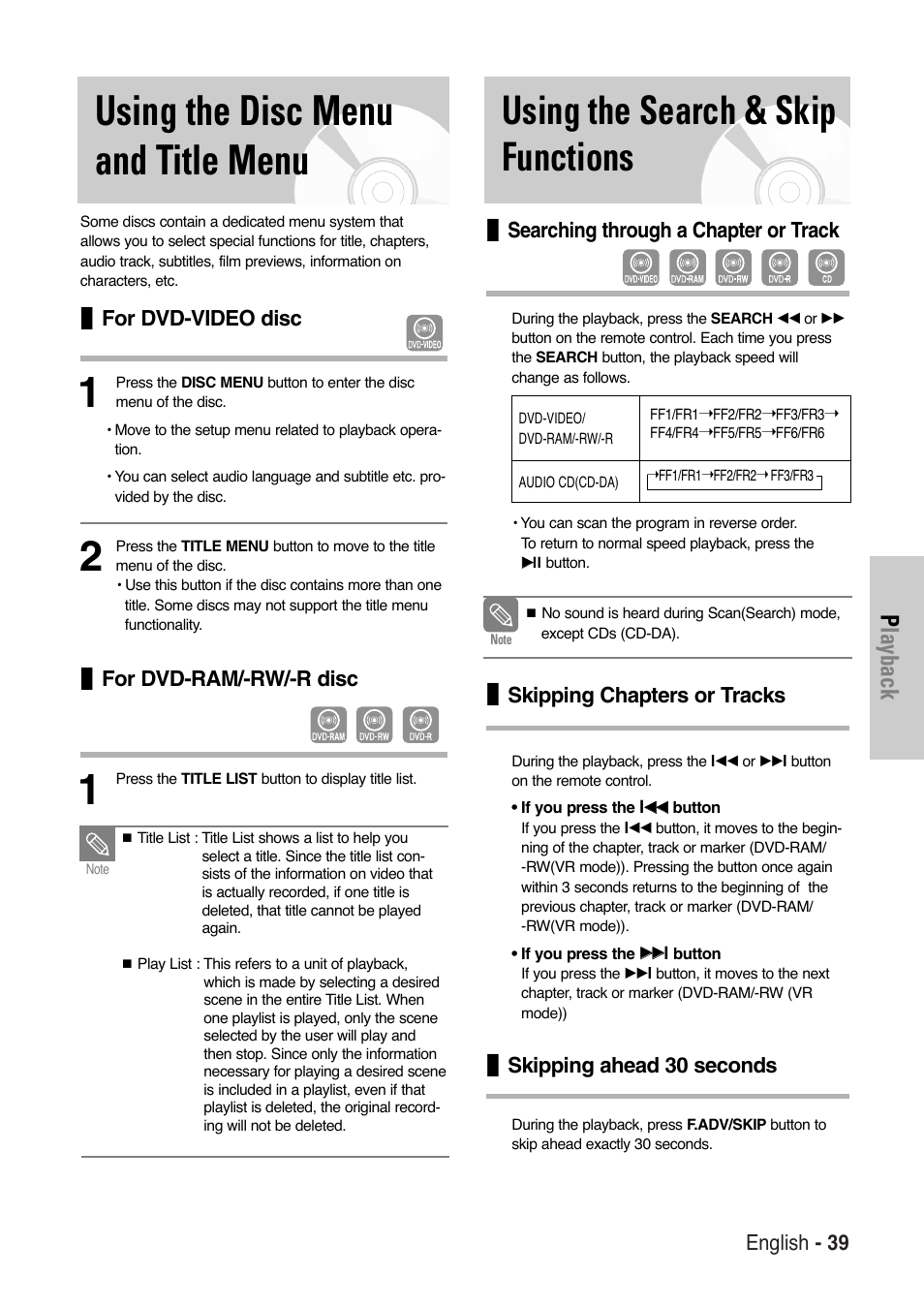 Using the disc menu and title menu, Using the search & skip functions, Playback | Samsung DVD-VR325-XAA User Manual | Page 39 / 90