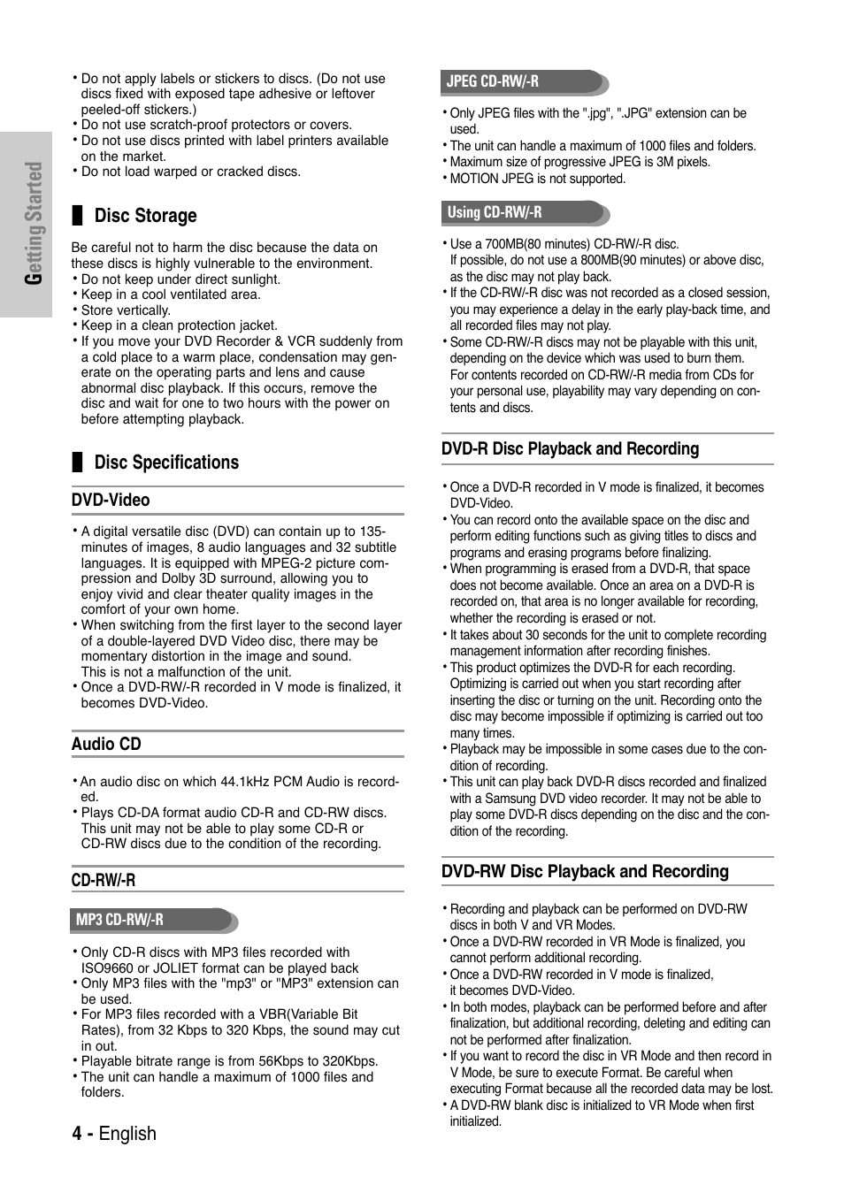 Disc storage, Disc specifications, Getting started | 4 - english | Samsung DVD-VR325-XAA User Manual | Page 4 / 90