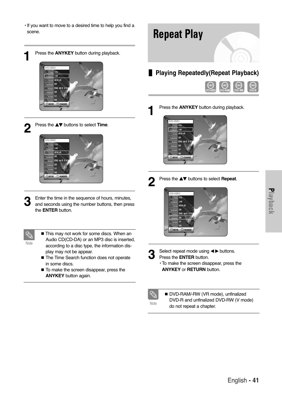 Repeat play, Playback, English - 41 | Playing repeatedly(repeat playback) | Samsung DVD-VR325-XAA User Manual | Page 41 / 90