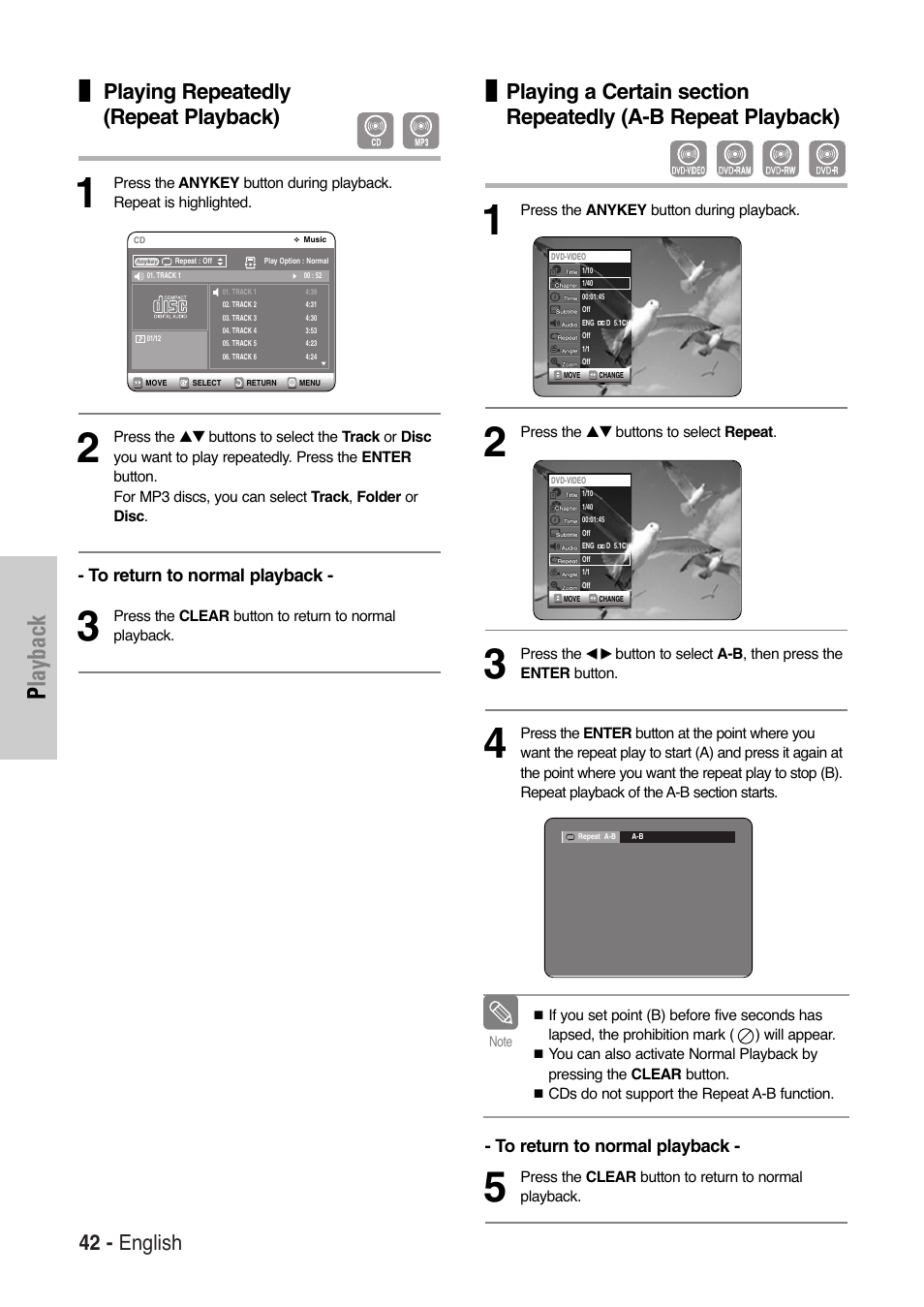 Playback, 42 - english, Playing repeatedly (repeat playback) | Samsung DVD-VR325-XAA User Manual | Page 42 / 90