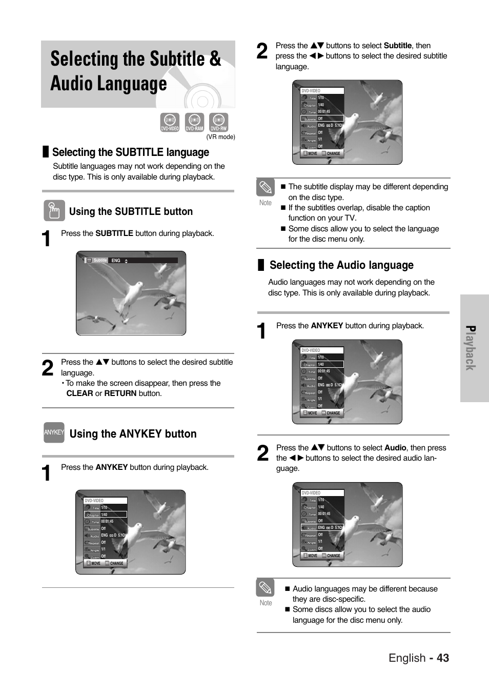 Selecting the subtitle & audio language, Playback, English - 43 | Selecting the subtitle language, Using the anykey button, Selecting the audio language, Using the subtitle button | Samsung DVD-VR325-XAA User Manual | Page 43 / 90