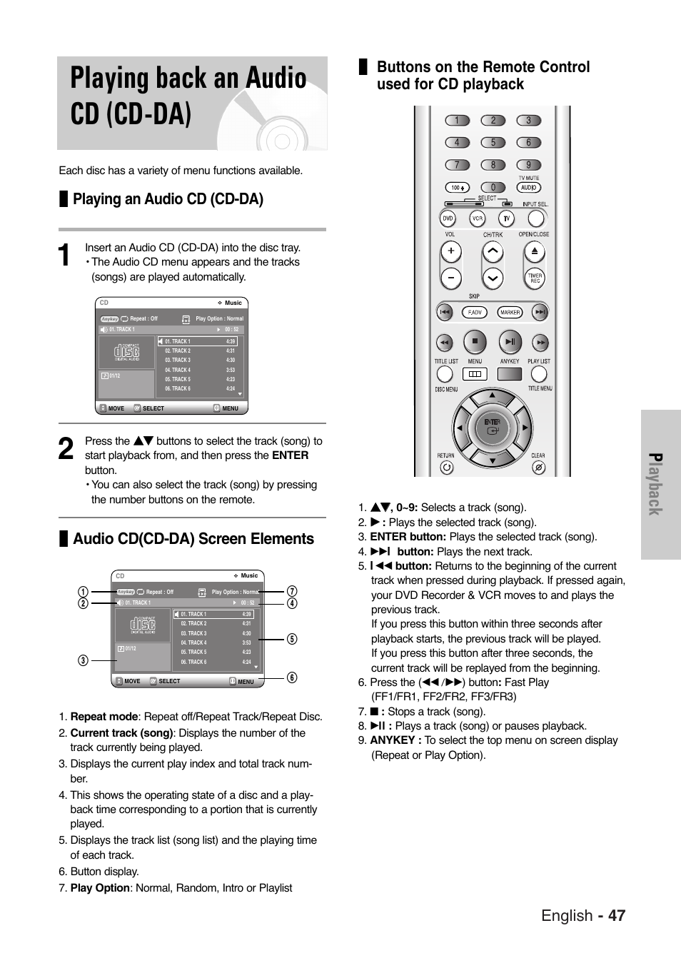 Playing back an audio cd (cd-da), Playback, English - 47 | Playing an audio cd (cd-da), Audio cd(cd-da) screen elements, Buttons on the remote control used for cd playback | Samsung DVD-VR325-XAA User Manual | Page 47 / 90