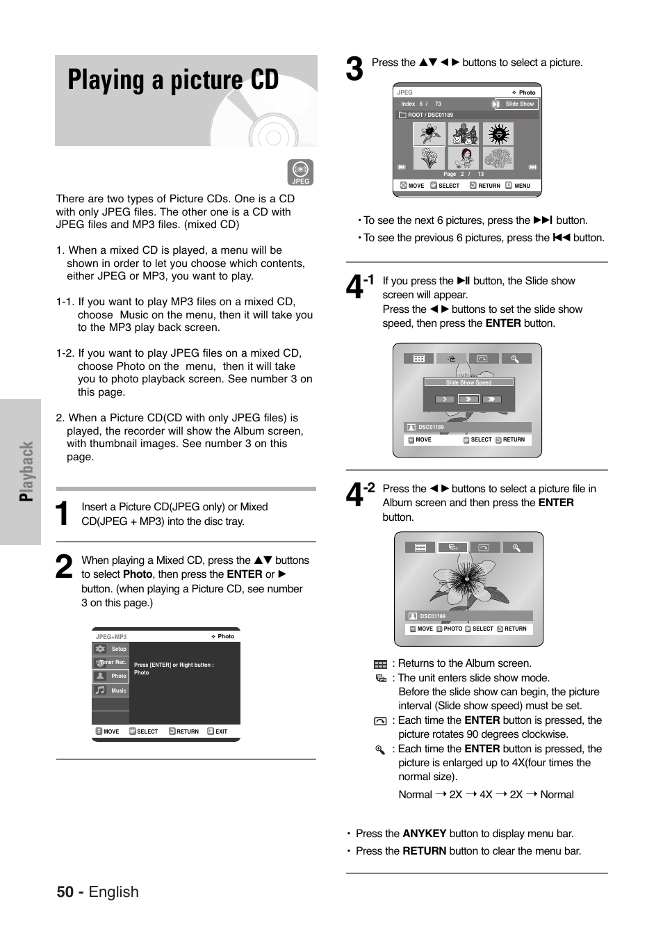 Playing a picture cd, Playback, 50 - english | Samsung DVD-VR325-XAA User Manual | Page 50 / 90