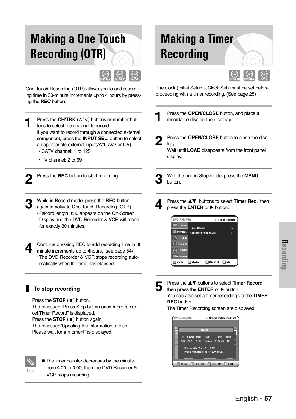 Making a one touch recording (otr), Making a timer recording, Recording | English - 57 | Samsung DVD-VR325-XAA User Manual | Page 57 / 90