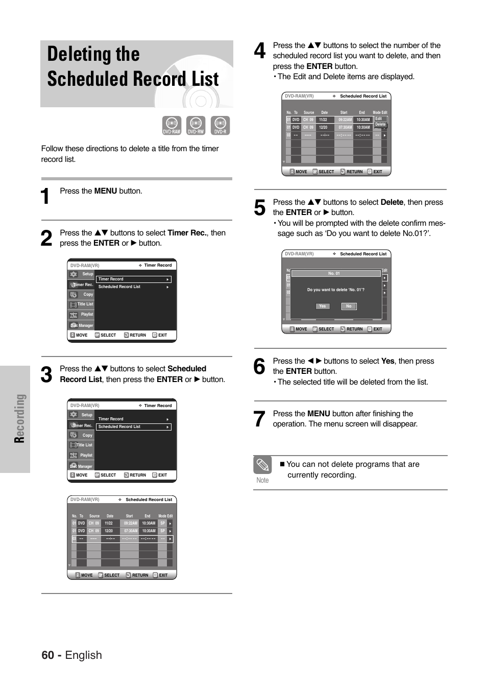 Deleting the scheduled record list, Recording, 60 - english | Press the menu button | Samsung DVD-VR325-XAA User Manual | Page 60 / 90