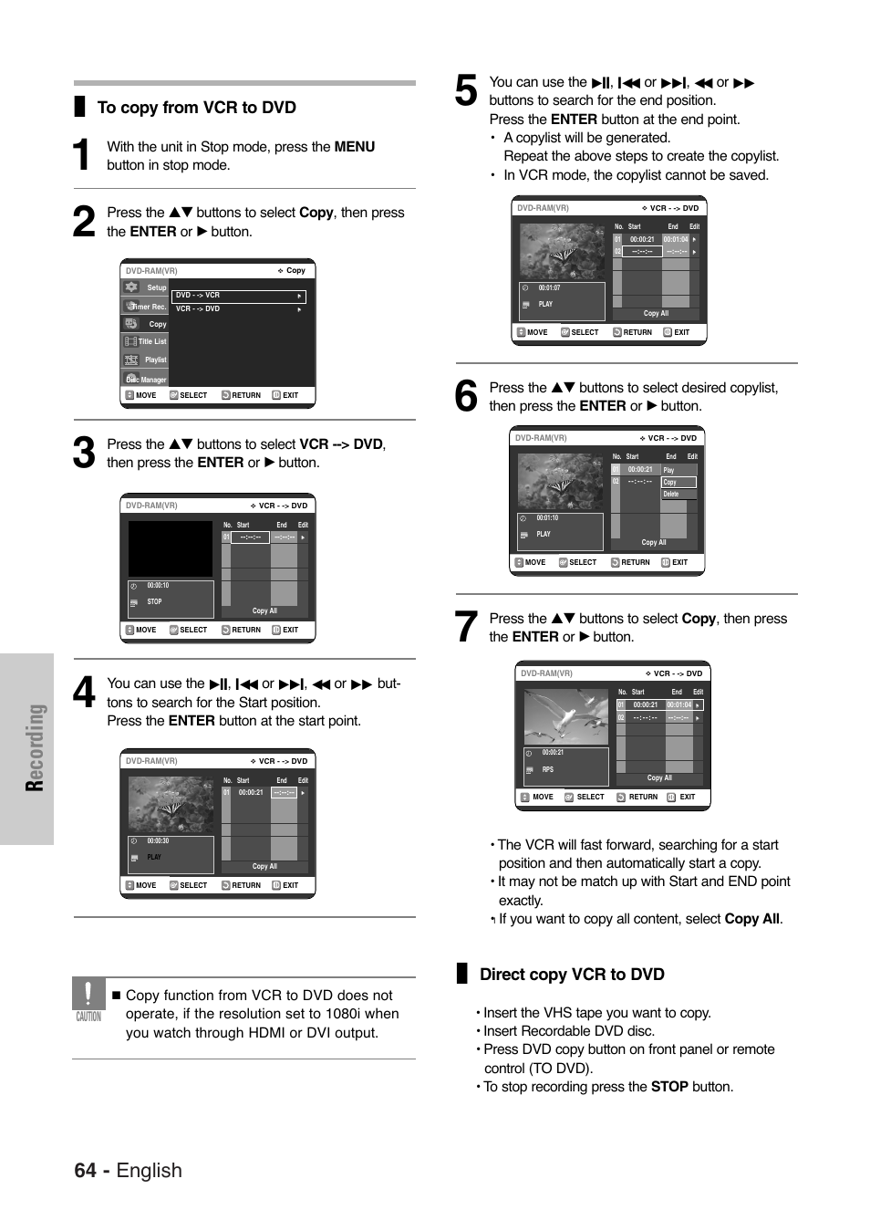 Recording, 64 - english, Direct copy vcr to dvd | Samsung DVD-VR325-XAA User Manual | Page 64 / 90