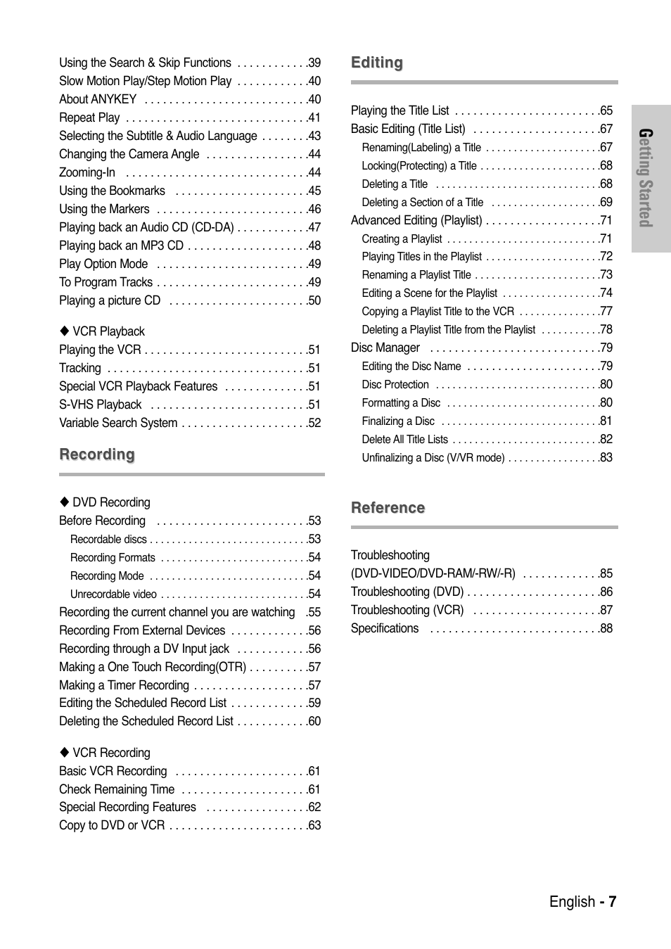 Getting started, English - 7, Recording | Editing, Reference | Samsung DVD-VR325-XAA User Manual | Page 7 / 90
