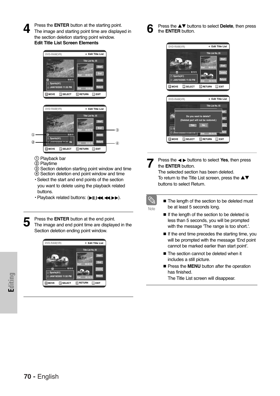 Editing, 70 - english, Buttons to select return | Samsung DVD-VR325-XAA User Manual | Page 70 / 90