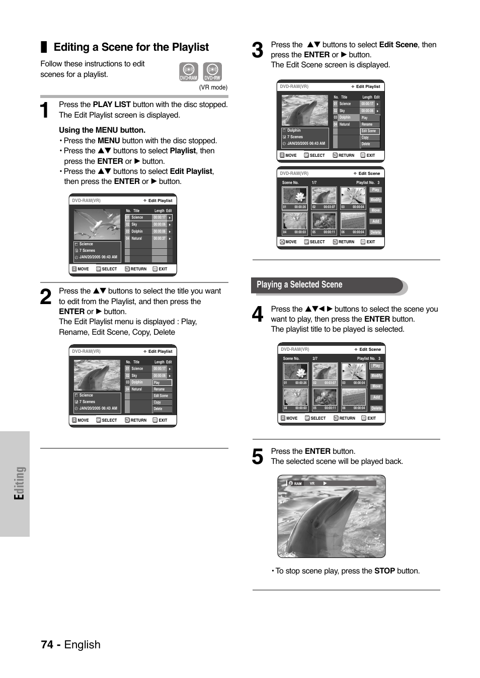 Editing a scene for the playlist, Editing, 74 - english | Playing a selected scene | Samsung DVD-VR325-XAA User Manual | Page 74 / 90
