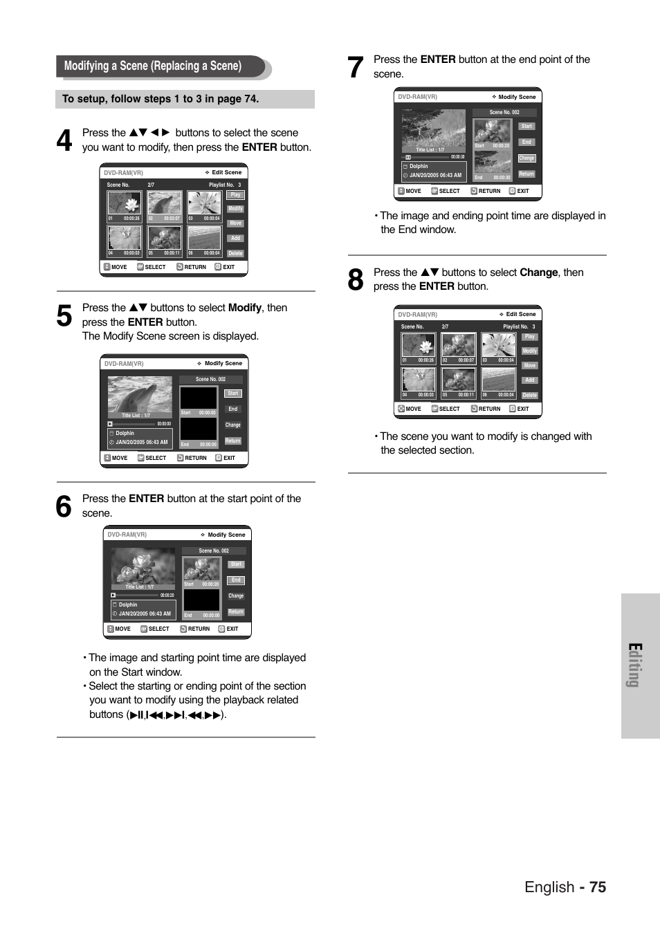 Editing, English - 75, Modifying a scene (replacing a scene) | Samsung DVD-VR325-XAA User Manual | Page 75 / 90