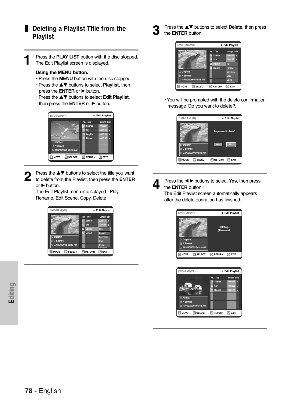 Deleting a playlist title from the playlist, Editing, 78 - english | Samsung DVD-VR325-XAA User Manual | Page 78 / 90