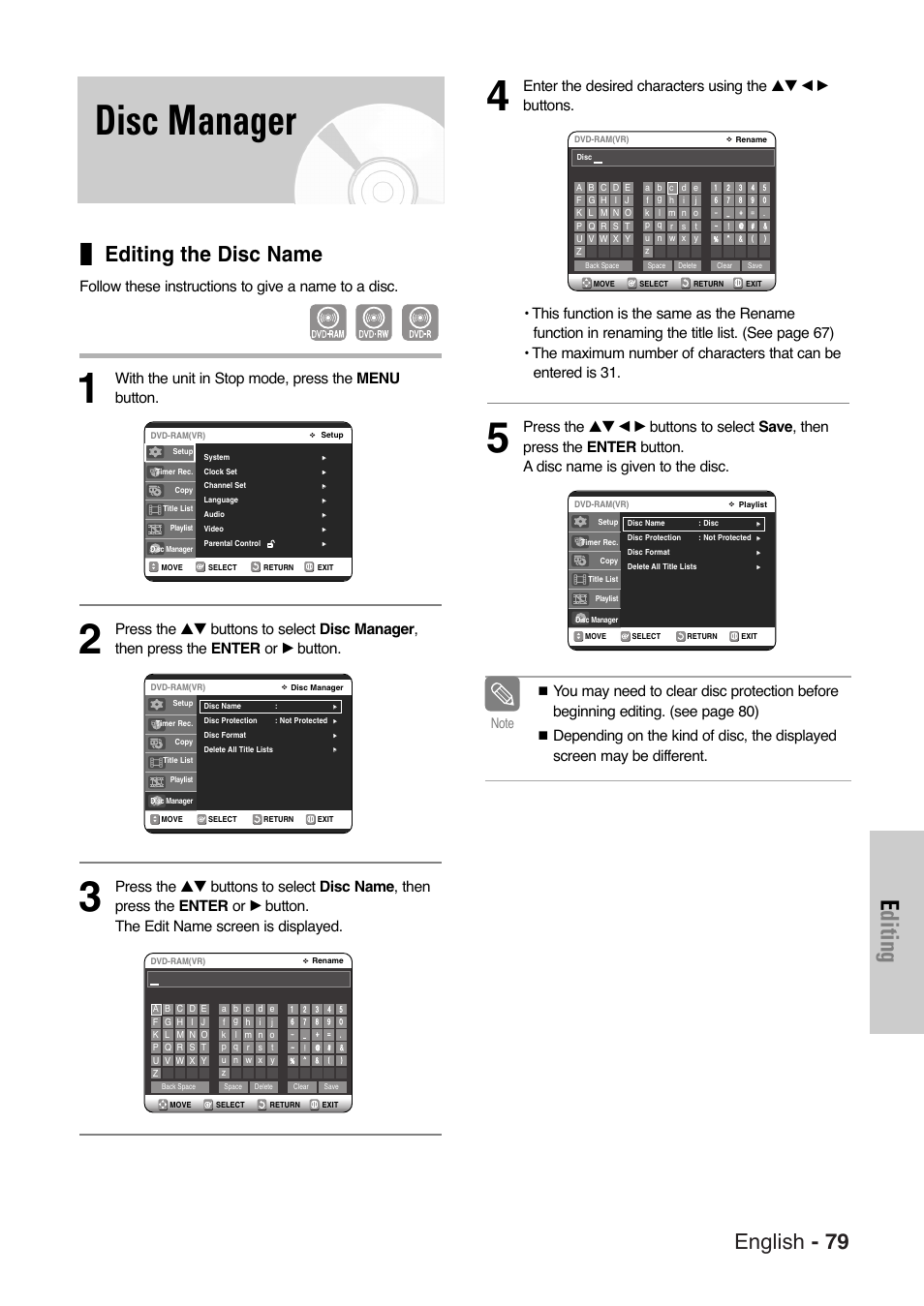 Disc manager, Editing the disc name, Editing | English - 79, Follow these instructions to give a name to a disc, With the unit in stop mode, press the menu button | Samsung DVD-VR325-XAA User Manual | Page 79 / 90
