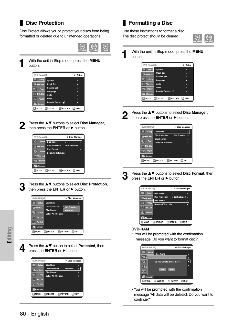 Disc protection, Formatting a disc, Editing | 80 - english, With the unit in stop mode, press the menu button | Samsung DVD-VR325-XAA User Manual | Page 80 / 90