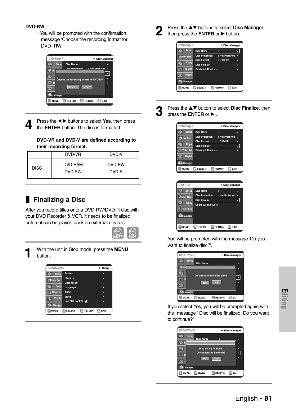 Finalizing a disc, Editing, English - 81 | With the unit in stop mode, press the menu button, Dvd-vr dvd-v dvd-ram dvd-rw dvd-rw dvd-r disc | Samsung DVD-VR325-XAA User Manual | Page 81 / 90