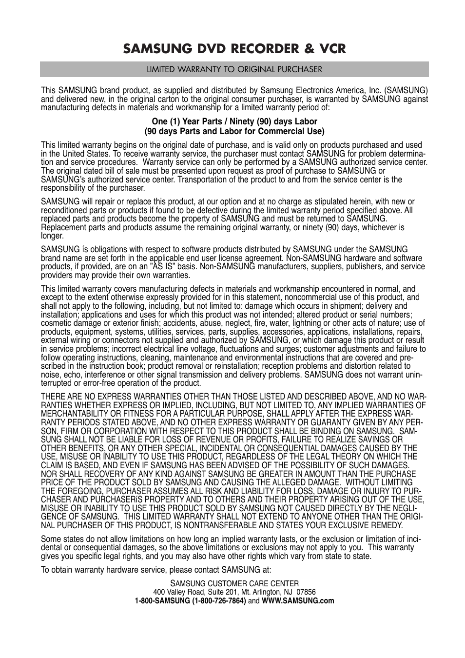 Samsung dvd recorder & vcr | Samsung DVD-VR325-XAA User Manual | Page 89 / 90