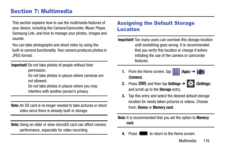 Section 7: multimedia, Assigning the default storage location | Samsung SM-N900TZKETMB User Manual | Page 123 / 332