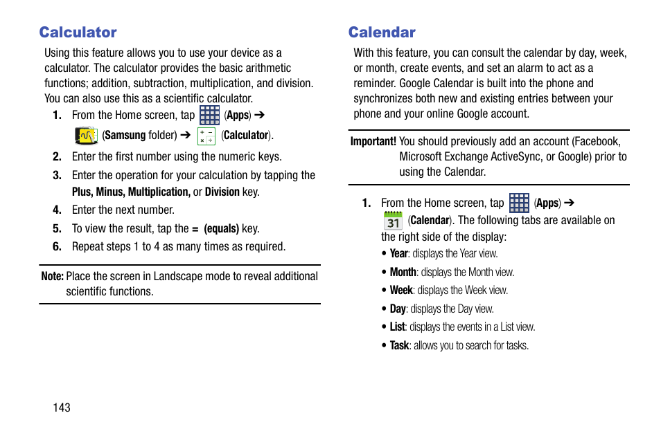 Calculator, Calendar, Calculator calendar | Samsung SM-N900TZKETMB User Manual | Page 150 / 332