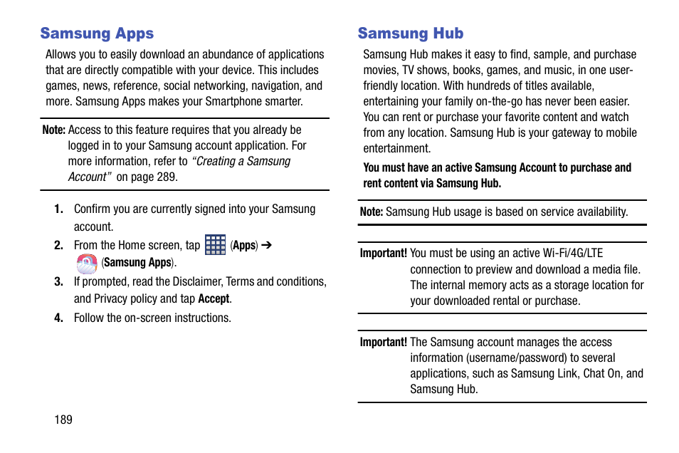 Samsung apps, Samsung hub, Samsung apps samsung hub | Samsung SM-N900TZKETMB User Manual | Page 196 / 332