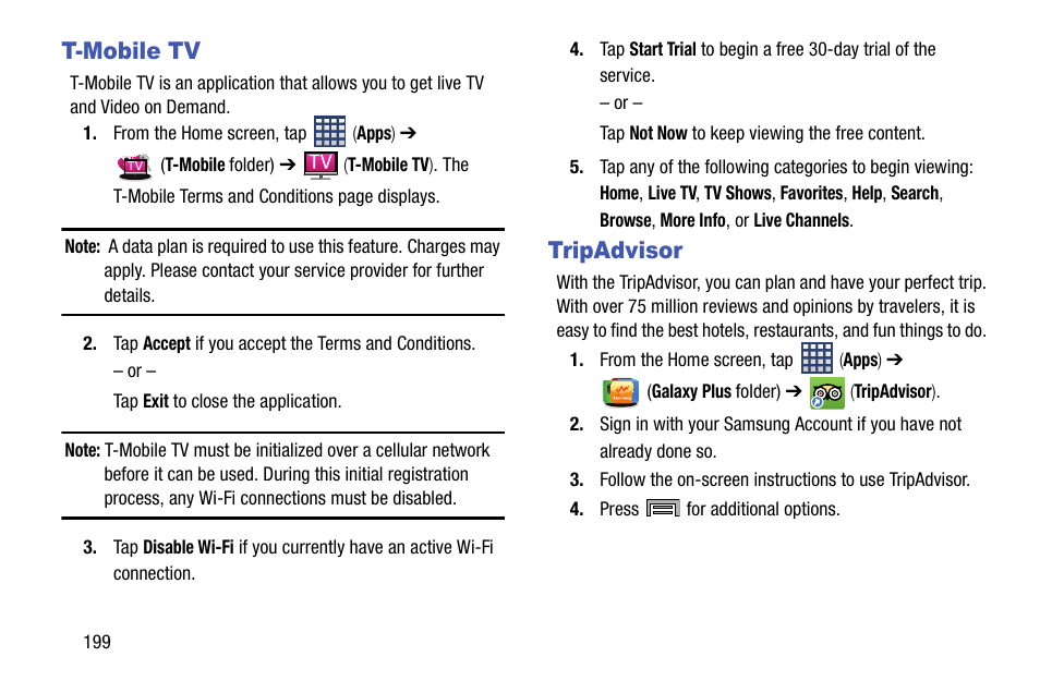 T-mobile tv, Tripadvisor, T-mobile tv tripadvisor | Samsung SM-N900TZKETMB User Manual | Page 206 / 332