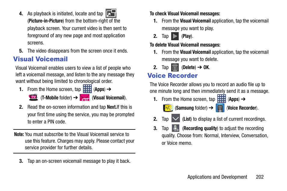 Visual voicemail, Voice recorder, Visual voicemail voice recorder | Samsung SM-N900TZKETMB User Manual | Page 209 / 332