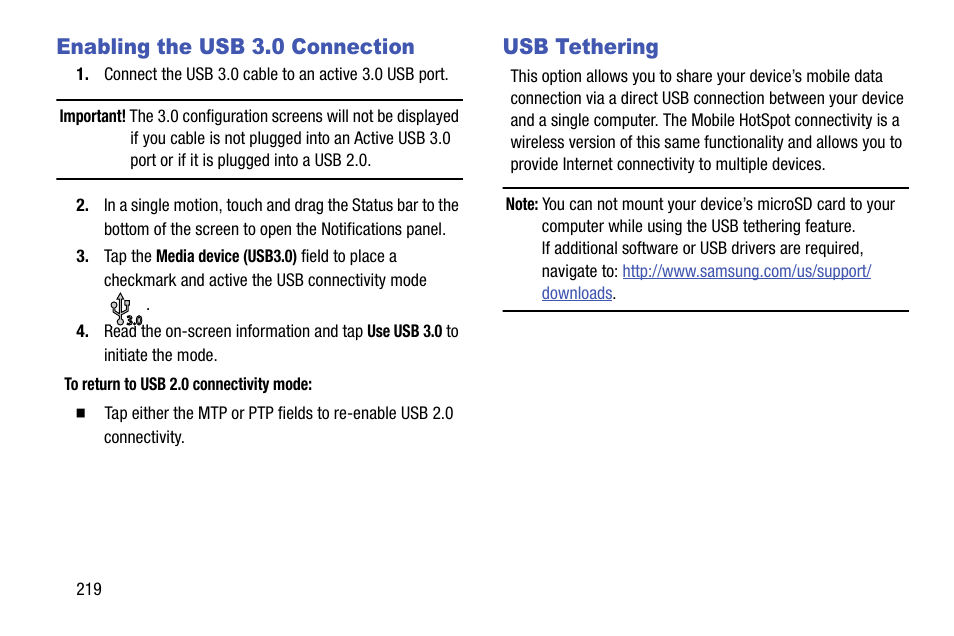 Enabling the usb 3.0 connection, Usb tethering, Enabling the usb 3.0 connection usb tethering | Samsung SM-N900TZKETMB User Manual | Page 226 / 332