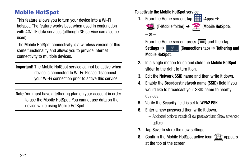 Mobile hotspot | Samsung SM-N900TZKETMB User Manual | Page 228 / 332