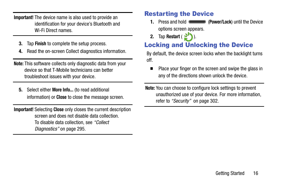 Restarting the device, Locking and unlocking the device | Samsung SM-N900TZKETMB User Manual | Page 23 / 332