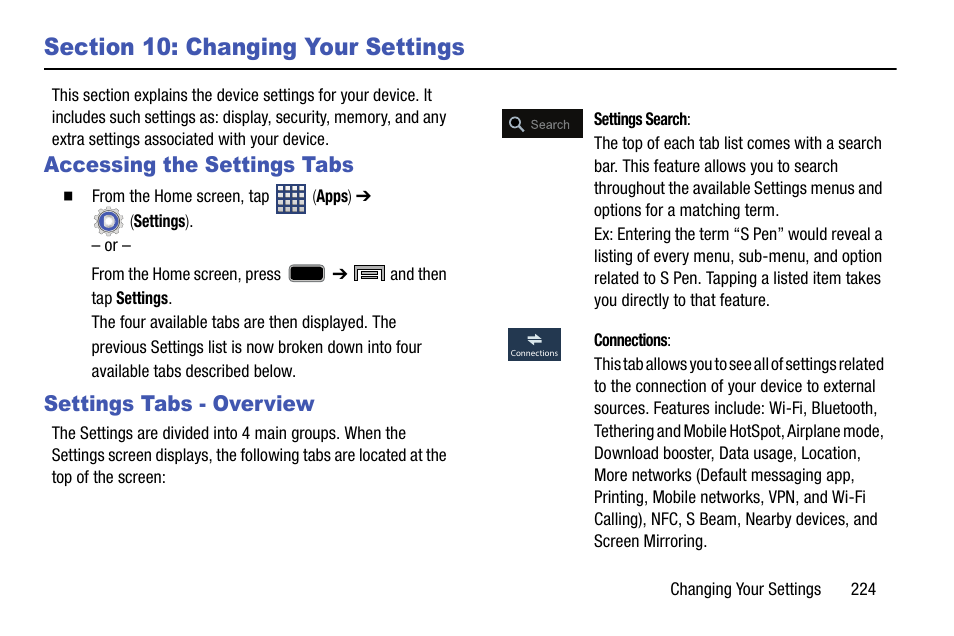 Section 10: changing your settings, Accessing the settings tabs, Settings tabs - overview | Samsung SM-N900TZKETMB User Manual | Page 231 / 332