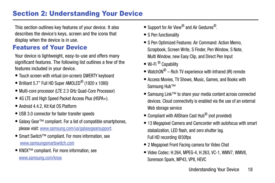 Section 2: understanding your device, Features of your device | Samsung SM-N900TZKETMB User Manual | Page 25 / 332