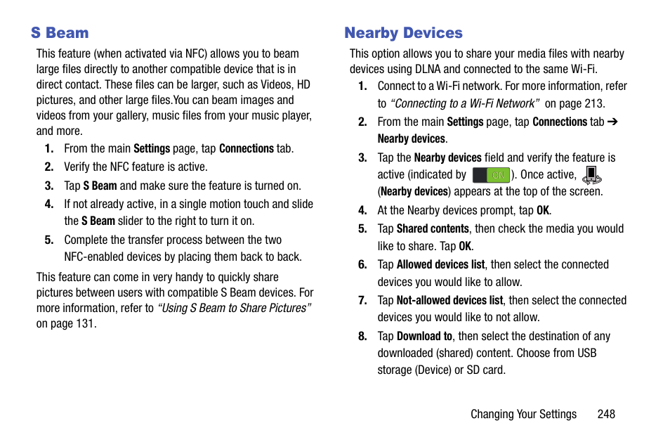 S beam, Nearby devices, S beam nearby devices | Samsung SM-N900TZKETMB User Manual | Page 255 / 332