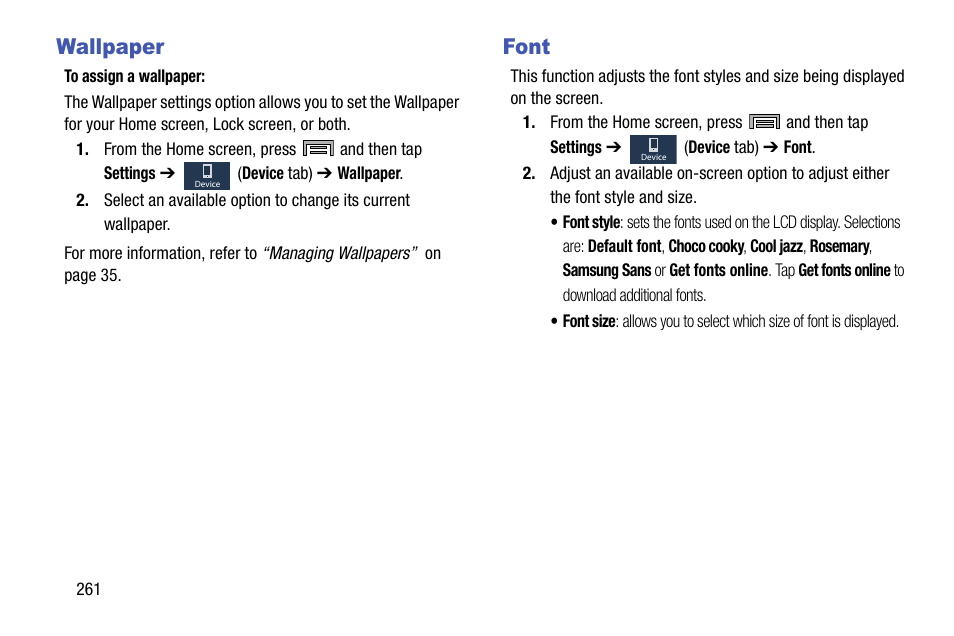 Wallpaper, Font, Wallpaper font | Samsung SM-N900TZKETMB User Manual | Page 268 / 332