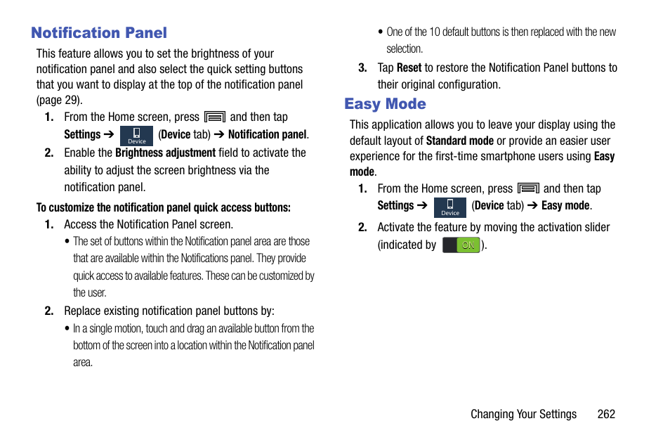 Notification panel, Easy mode, Notification panel easy mode | Samsung SM-N900TZKETMB User Manual | Page 269 / 332