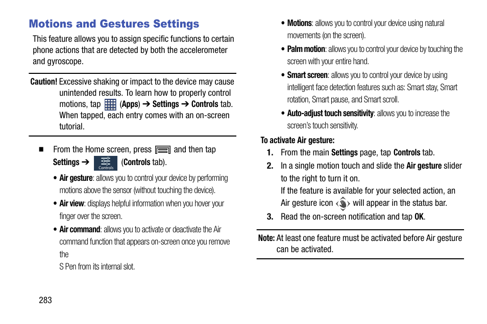 Motions and gestures settings | Samsung SM-N900TZKETMB User Manual | Page 290 / 332