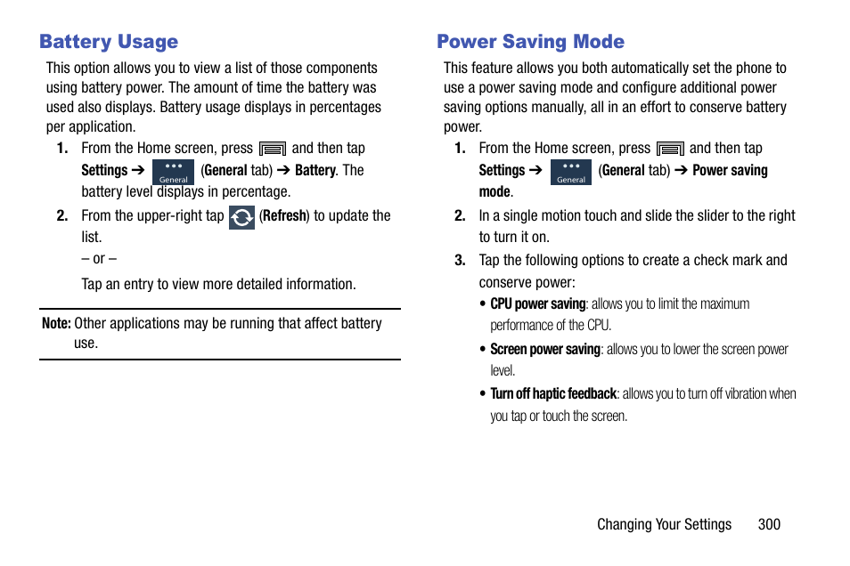 Battery usage, Power saving mode, Battery usage power saving mode | Samsung SM-N900TZKETMB User Manual | Page 307 / 332