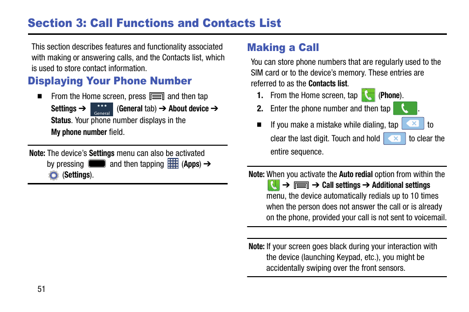 Section 3: call functions and contacts list, Displaying your phone number, Making a call | Displaying your phone number making a call | Samsung SM-N900TZKETMB User Manual | Page 58 / 332