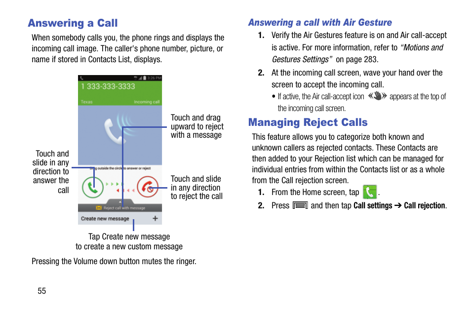 Answering a call, Managing reject calls, Answering a call managing reject calls | Samsung SM-N900TZKETMB User Manual | Page 62 / 332