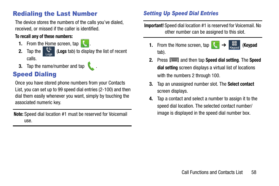 Redialing the last number, Speed dialing | Samsung SM-N900TZKETMB User Manual | Page 65 / 332