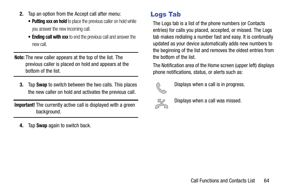 Logs tab | Samsung SM-N900TZKETMB User Manual | Page 71 / 332