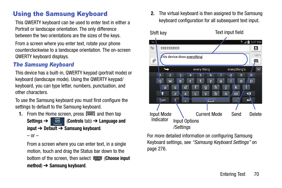 Using the samsung keyboard | Samsung SM-N900TZKETMB User Manual | Page 77 / 332