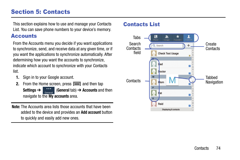 Section 5: contacts, Accounts, Contacts list | Accounts contacts list | Samsung SM-N900TZKETMB User Manual | Page 81 / 332