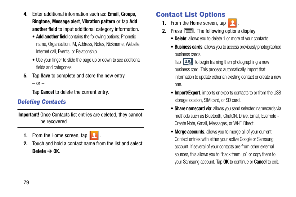 Contact list options | Samsung SM-N900TZKETMB User Manual | Page 86 / 332