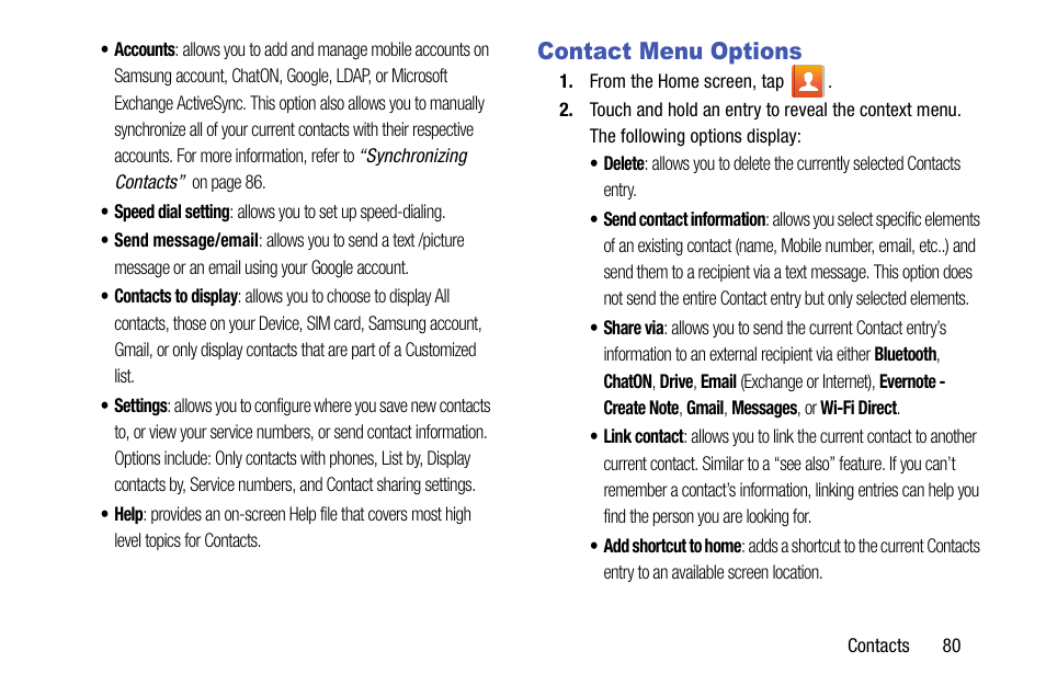 Contact menu options | Samsung SM-N900TZKETMB User Manual | Page 87 / 332