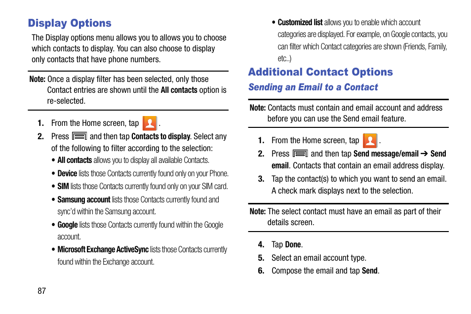 Display options, Additional contact options, Display options additional contact options | Samsung SM-N900TZKETMB User Manual | Page 94 / 332